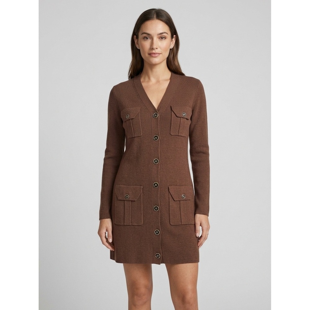 Tuckernuck Brown Ribbed Longline Cardigan V-Neck Front Pockets Women Size Small